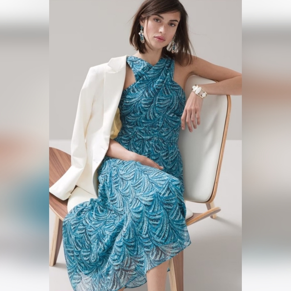 White House Black Market Blue Ruffled Halter-top Midi Dress